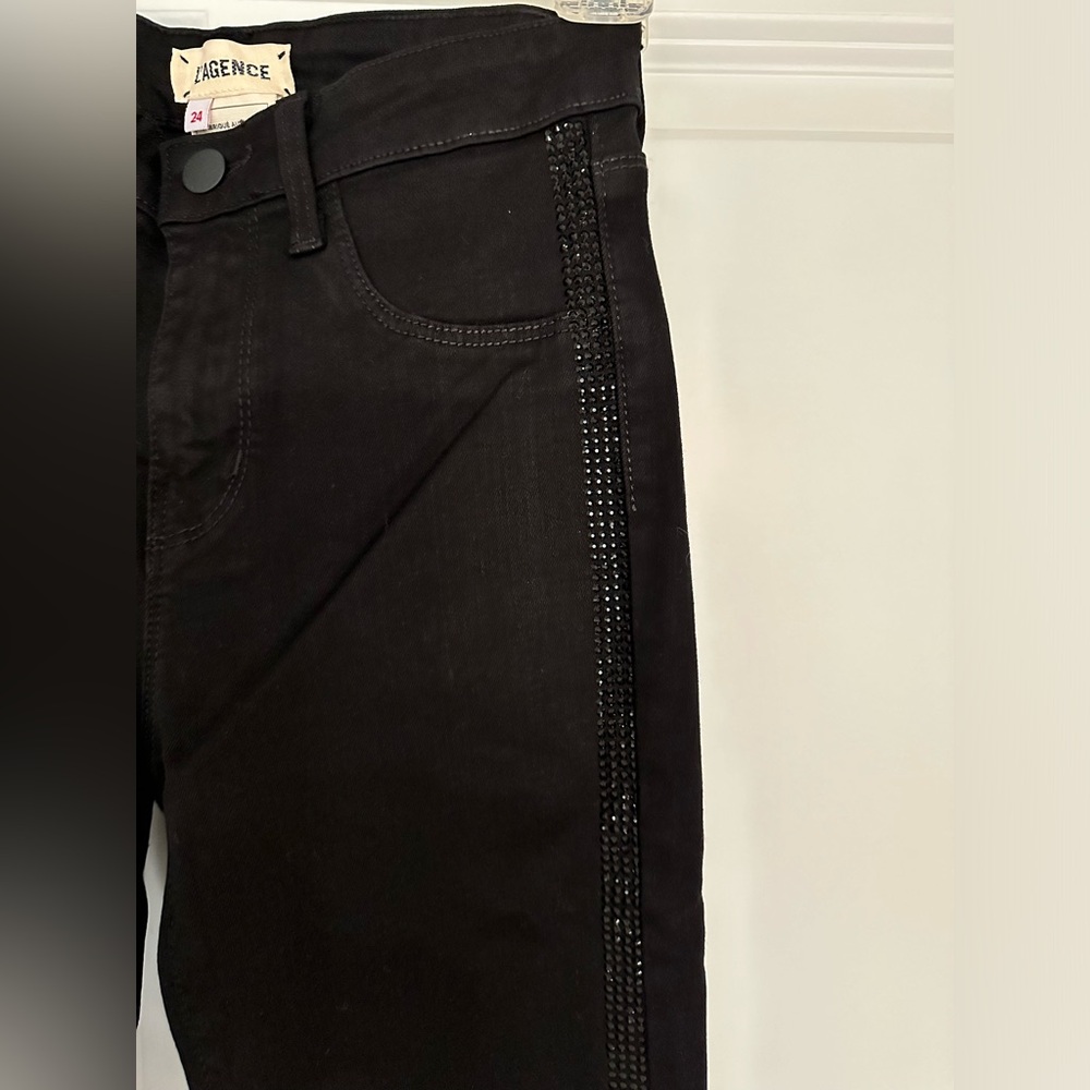 L’Agence Margot black on black rhinestone tuxedo stripe NWOT SIZE 24 - Picture 3 of 10